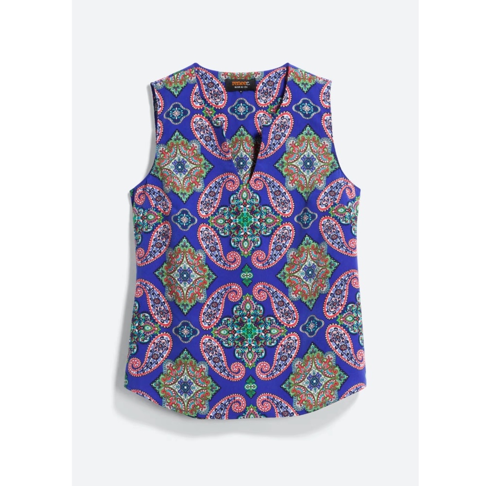 Renee C Jensine Paisley Split Neck Sleeveless Blouse Blue XL EUC